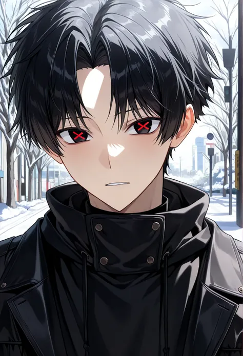 (solo), (handsome), (1 male, short hair), (20 years old), (black hair andcenter parted bangs), (black eyes), (black casual winter outfit), (best), (high), (score 9), (x shaped pupils), (red_pupils)