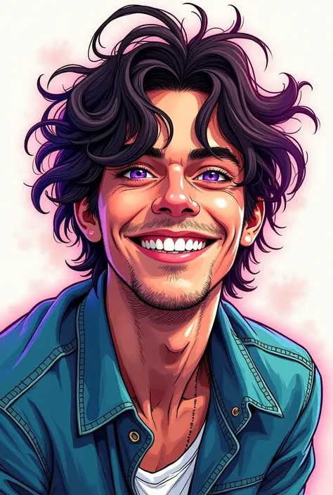 A portage of a rockstar male in his 20s with purple eyes and shaggy hair with a wide smile in a drawn, sketchy art style