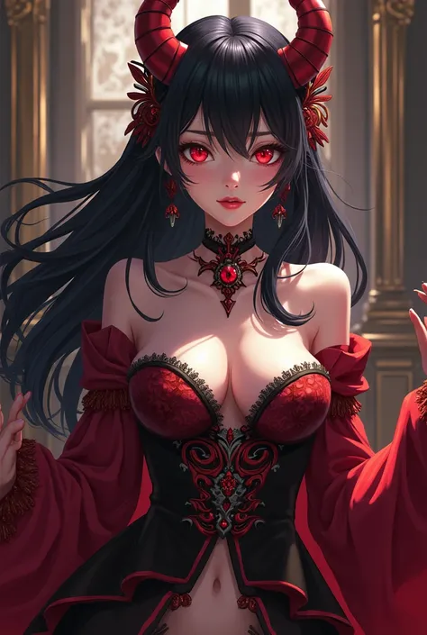 a girl half demon half vampire without horns with a human appearance about , With black hair and red eyes wearing an outfit from the era of kings and queens anime version