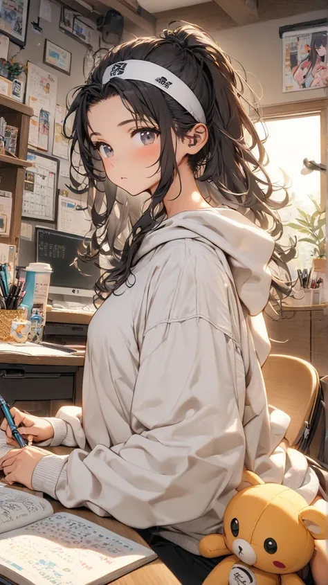  unclear(  TOP QUALITY、  Masterpiece、  high resolution)、((1 person)),(cute woman wearing white sweatshirt),one&#39;s home,Private room,Studying for exams,textbook,Notes, mechanical pencil sitting in the den,, plush toy,Hot Coffee,posters,cosmetics,Desk Cal...