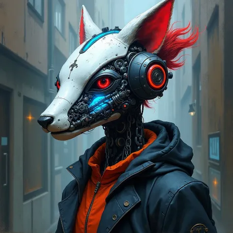 "Create an expressionist painting of a futuristic animal robot with a striking, intricate mask featuring mechanical details and a unique hairstyle. urban style. Use bold, expressive brush strokes to evoke emotion, incorporating a palette of stark whites, b...