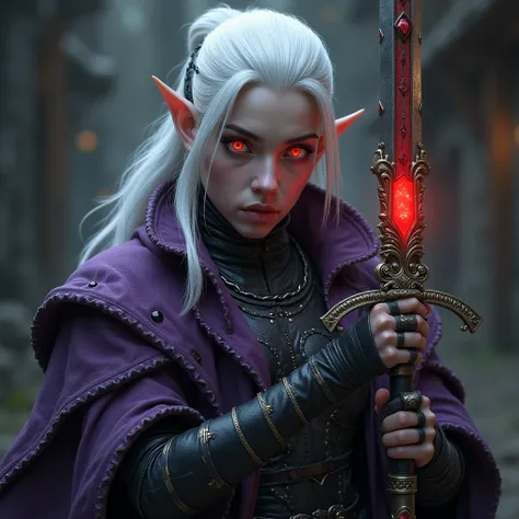 Half elf, necromancer, with medieval purple and black leather clothing, White hair and blood red eyes, sword with bright red stone on the handle