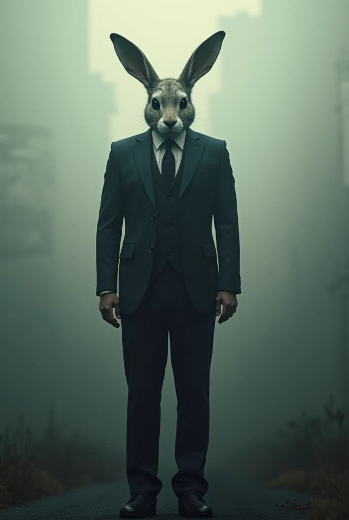 Man in a tall suit wearing a rabbit mask 