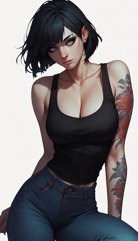 score_9, score_8_up, score_7_up, score_6_up, score_5_up, score_4_up, A cute woman, black sleeveless, cleavage, jeans, black hair, bob cut hair, blue eyes, black eyeshadow, black arm tattoos, white background