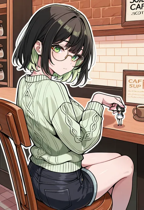 1girl, beautiful girl,24 age, flat_design, outline_art, miniature, medium length hair, bang, korean girl, light green summer knit, short jeans, black hair,blown hand back, cafe, sit chair, fulll body shot, illustration, look at viewer, dark brown round gla...