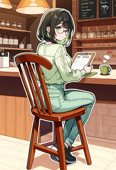 1girl, beautiful girl,24 age, flat_design, outline_art, miniature, medium length hair, bang, korean girl, light green summer knit, short jeans, black hair,blown hand back, cafe, sit chair, fulll body shot, illustration, look at viewer, dark brown round gla...