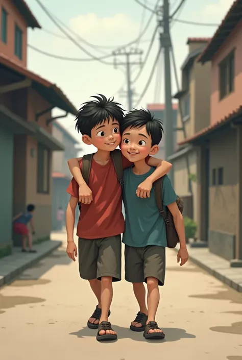 2 brothers carrying each other on the street, Asian, simple