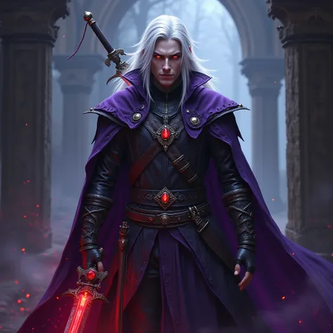 male half elf, necromancer, with medieval purple and black leather clothing, White hair and blood red eyes, sword with bright red stone on the handle