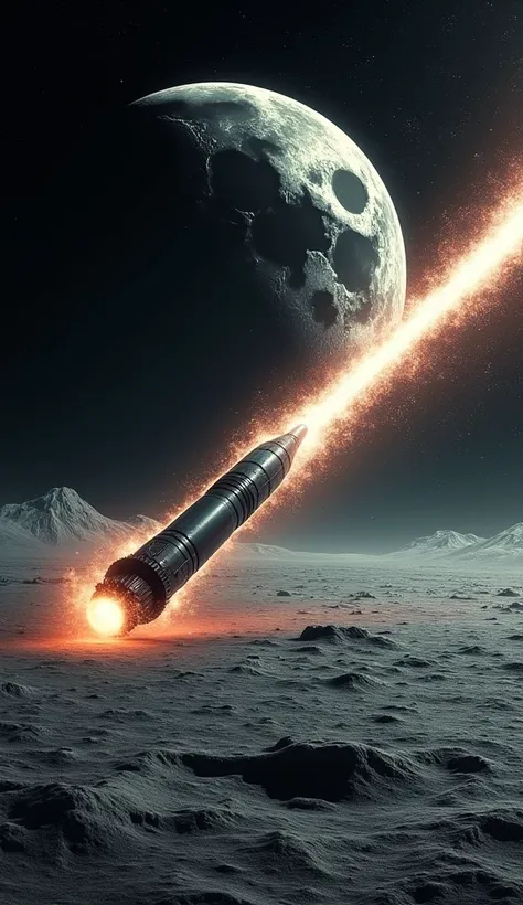 A nuclear bomb heading towards the moon in space. 