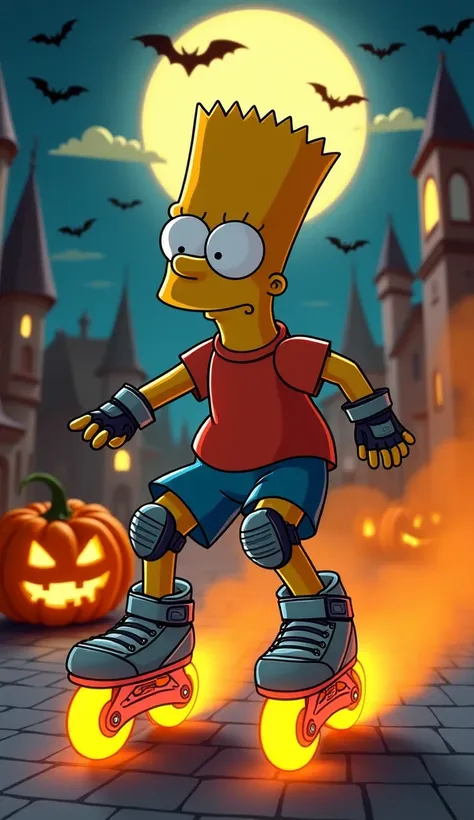 bart simpson,  using inline skates with glowing luminous wheels, gloves and knee pads , Full Moon Church, pumpkins, calaveras, realistic bats,  moving at speed in the city at night, Orange smoke the entire animated image 2 d