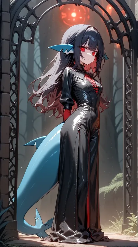 gothic Shark girl With shark tail and fins , detailed leather dress, heavy iron gate with dark forest behind it, spooky, red glow , With shark tail and fin 