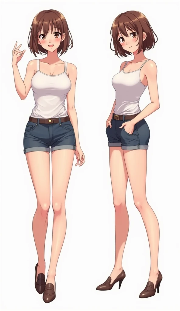 A high-quality, colorful illustration of the same consistent anime-style adult woman with short brown hair in four dynamic poses. Her facial features, hairstyle, clothing, and colors remain identical across all poses without any variation. The illustration...