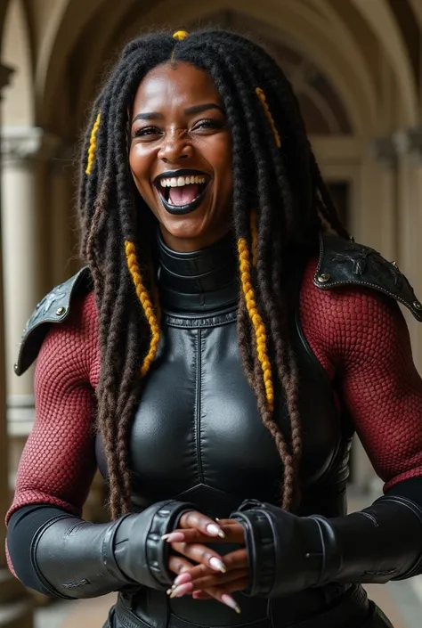 
A strong woman with brown skin, black and yellow dreadlock hair, pink eyes, red scales on her hands and arms, black lipstick, laughing, Black armor, in a castle, long nails, muscle, sweaty, scratching 