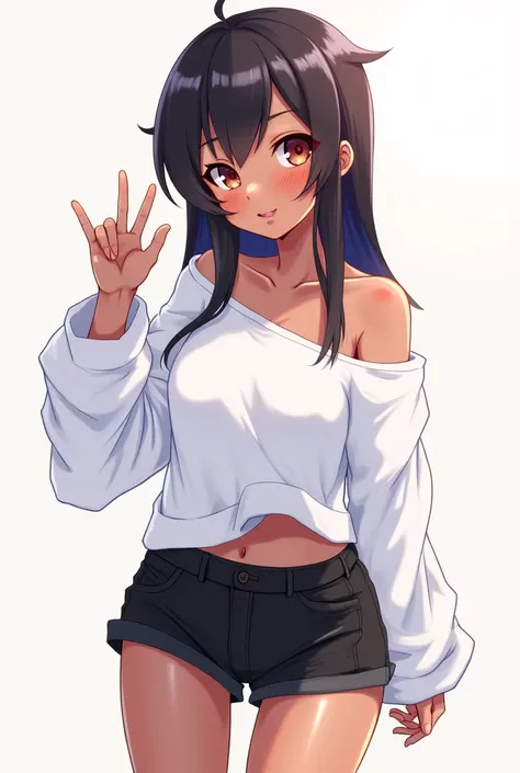  a ager with dark brown skin passion , with long, straight hair ,  bright eyes , Wearing glasses,  dressed in short black shorts and a wide white shirt, In anime style kawai 