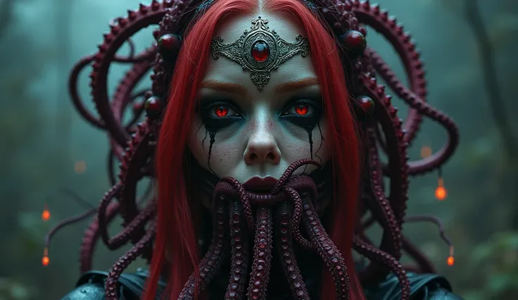 8K, ARTISTIC photogrAphy, best quAlity, mAsterpiece: 1.2), A (potrAit:1.2) witch Cthulhu soldier, FUCSIA-BLACK many octopus style tentacles, full body RAW candid cinema, red hair, 16mm, color graded portra 400 film, remarkable color, ultra realistic, sad a...