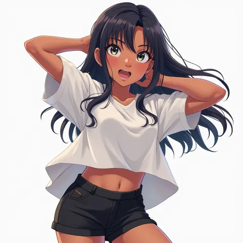 A teenager with dark brown skin passion ,  with long, straight hair ,  bright eyes , Wearing glasses, dressed in tight black shorts and a wide white shirt, In anime style kawai 