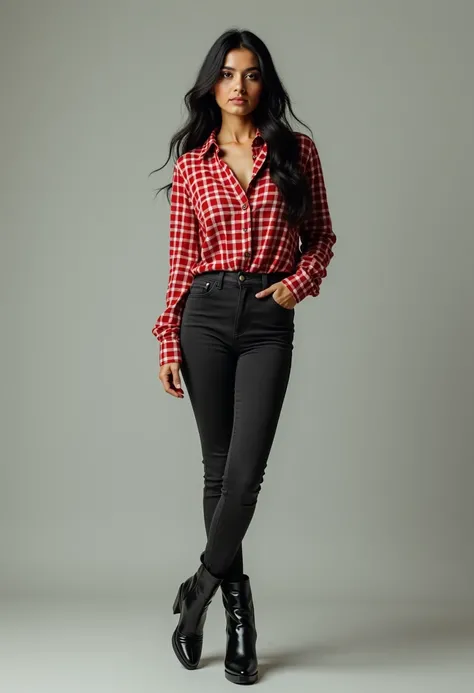 A Pakistan women 20 years white skin and Black hair and red  checked shirt full sleeve and black jeans pant and black shining boots High quality 8k uhd upscale realistic 