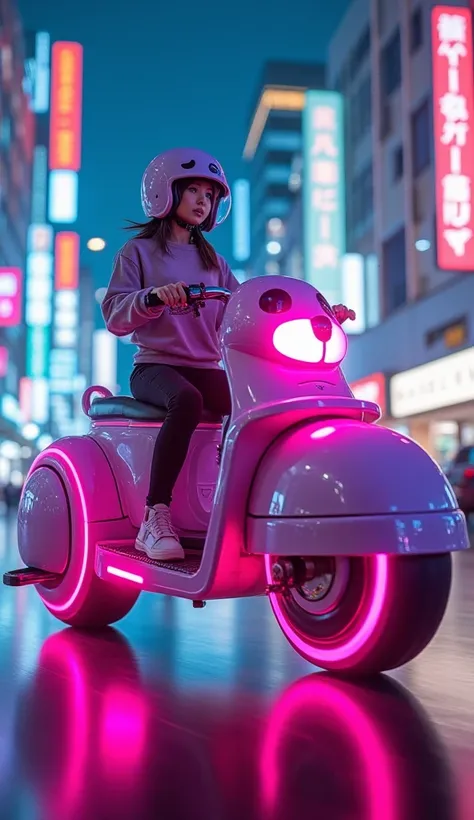  Fantastic　 real 　 Japan's Office District　with pink purple LEDs　先頭が🐶の顔になったピンク紫色のカッコイイ三輪大型スクーターに女性が乗っている　 helmet