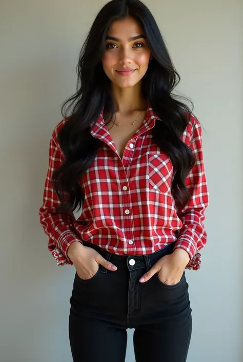 A Pakistan women 20 years white skin and Black hair and red checked shirt full sleeve and black jeans pant and black shining velvet boots High quality 8k uhd upscale realistic