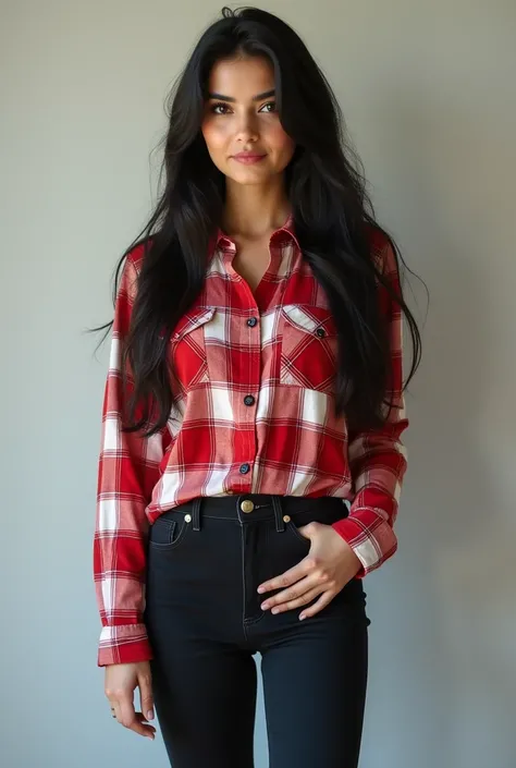 A Pakistan women 20 years white skin and Black hair and red checked shirt full sleeve and black jeans pant and black shining velvet boots High quality 8k uhd upscale realistic