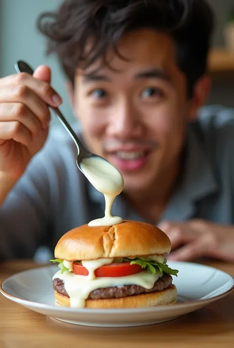 Photo of a 25-year-old person throwing a spoonful of mayonnaise on an open hamburger