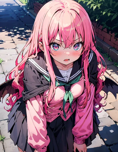 Louise Zero  ,  1 girl, Alone,  long hair, Pentagram, Cape,  pink hair,  pink eye, Black sailor suit,Pink cardigan, Long Sleeve, mini pleated skirt,Black knee socks,Brown loafers,Pull clothes , Tight skirt tag  ,  lift up and hold the skirt with both hands...