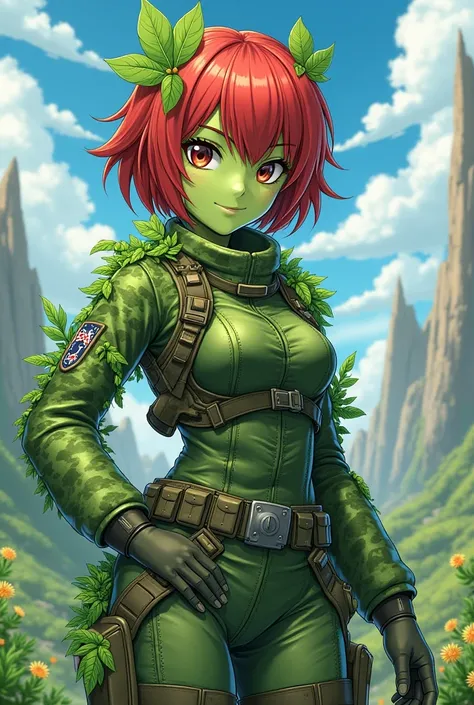 chica, with green skin, made of plants , with short red hair ,  with military clothing ,  in anime style 