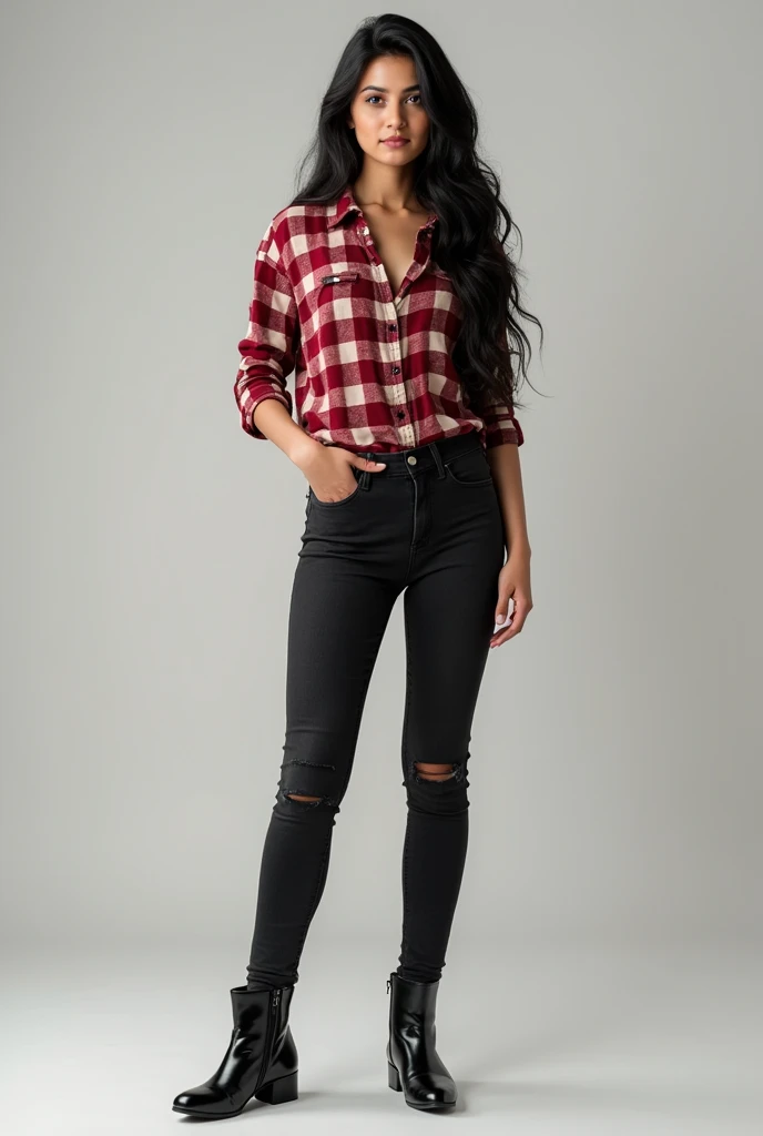 A Pakistan women 20 years white skin and Black hair and red checked shirt full sleeve and black jeans pant and black shining velvet boots  standing women High quality 8k uhd upscale realistic