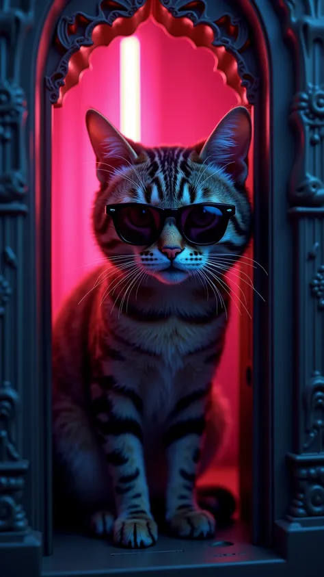 Rapper cat in a blanked fort, realistic, she wears sunglasses, neon lights, detalited, dlsr