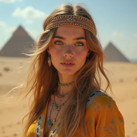 Create for me a photo of a beautiful, Egyptian, attractive girl who is eye-catching with blue eyes, shiny clothes, white skin, and very soft hair, fixed including her shine with main cinematography, the view of photo must contains pyramids in egypt