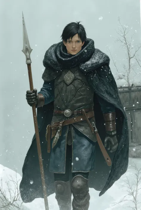 Young handsome hunk man, Black hair, Wearing black medieval European clothing, Walking in the falling snow, A white spear is in the left hand.,