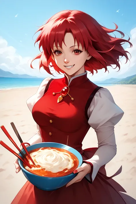 1girl, sakura kyoko, red hair,red eyes, smile,magical_girl,red dress,fang,medium breasts, charge, shade, wind, pale colors,mahou_shoujo_madoka_magica,bowl on kitsuneudon,holding chopsticks