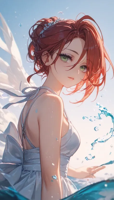  black woman with red hair and light green eyes, Wear elegant party clothes, scattered outlines and white background ,  intricate details,  discreet , watercolor,  splash floating in the sea,  perfect eyes ,