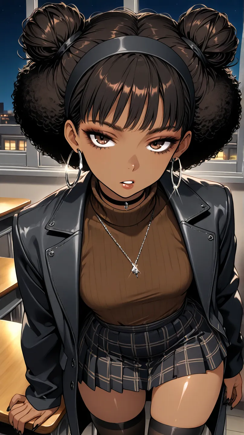 1Girl, Mature, Ebony, African American, Dark Skin, Jet Black Hair, Afro, Double Bun, Shiny Hair, Bright Brown Eyes, Black Nails, Dark Brown Eye Shadow, Medium Chest, Brown Turtleneck Shirt, Black Demin Jacket, Black Plaid Skirt, Black High-Thigh Socks, Bla...