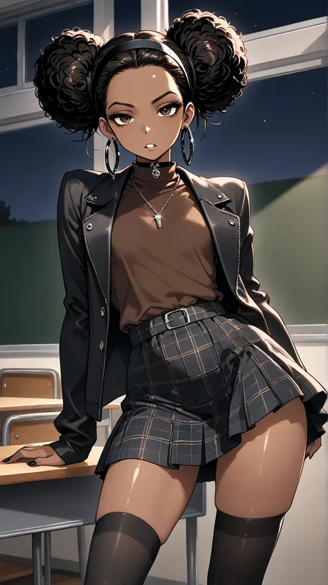 1Girl, Mature, Ebony, African American, Dark Skin, Jet Black Hair, Afro, Double Bun, Shiny Hair, Bright Brown Eyes, Black Nails, Dark Brown Eye Shadow, Medium Chest, Brown Turtleneck Shirt, Black Demin Jacket, Black Plaid Skirt, Black High-Thigh Socks, Bla...