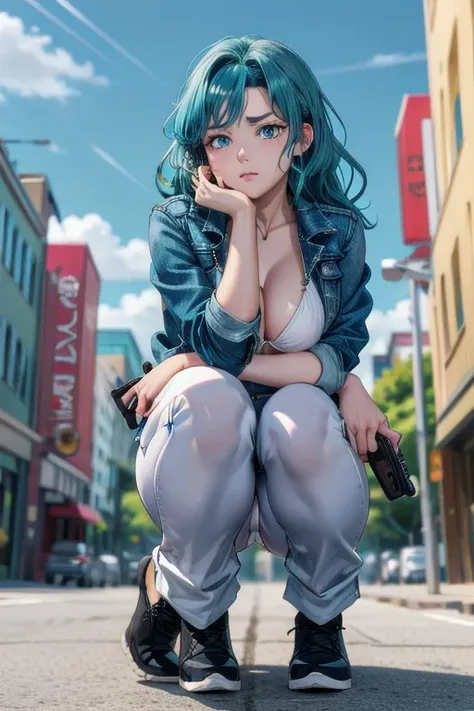 (( the best quality )), (( Super masterpiece)), ( ultra detailed ), 1 girl,(( 21 years old )), (( wearing a white bikini )), (( tight black pants)), ((with denim jacket)), (( big breasts)), ((worried cyan )), ((Pretty hair)), (( precious eyes)), ((with one...