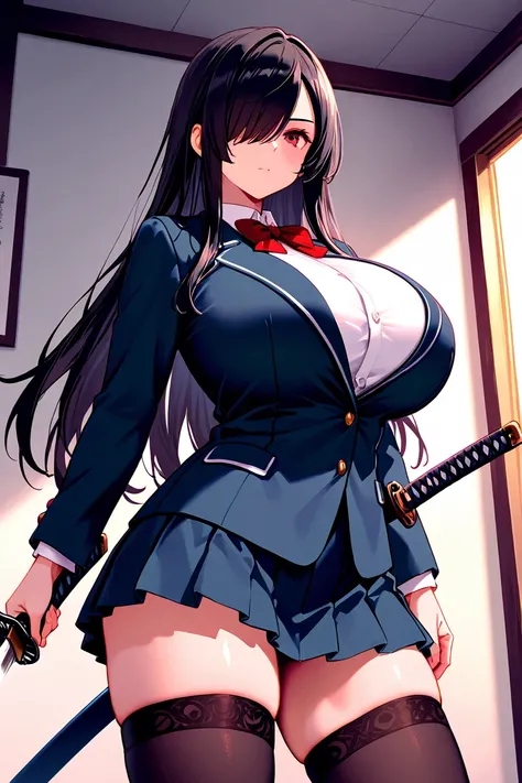 8k,masterpiece, best quality, ultra detailed, high resolution, super fine illustration, 1girl, solo, red eyes, black hair,long hair, hair over one eye, sidelocks,huge breasts, school uniform, jacket, collared shirt, bowtie, miniskirt, thighhighs, holding k...