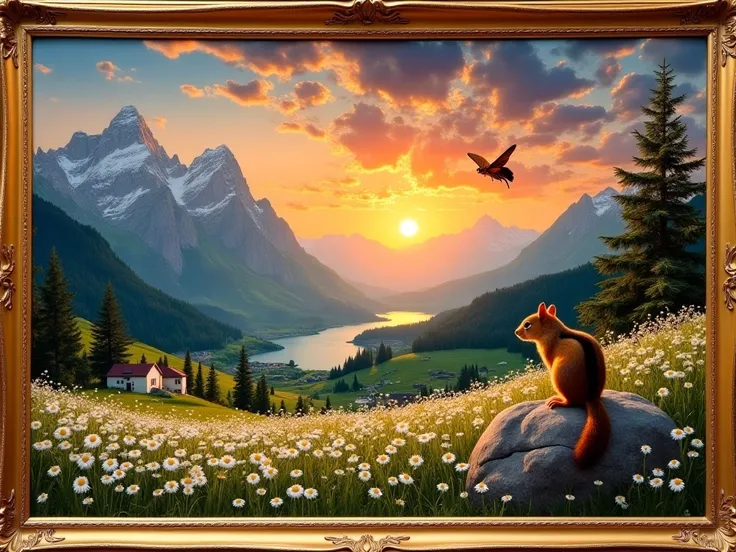 Create a masterpiece, the best quality, in the style of Italian Renaissance painting. Background: extraordinary sunset sky, very colorful clouds, high mountains with very snowy peaks, coniferous forests on the mountain slopes, alpine village, lake, ash and...