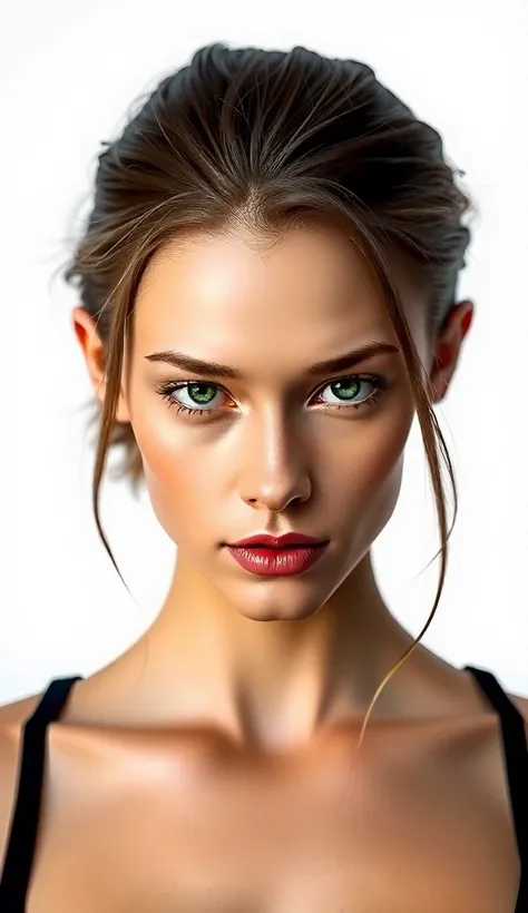 a beautiful young adult Russian model, intimidating expression, sharp green almond eyes, sharp facial features, brown hair slicked back into a low bun, white background, facing and staring straight at camera, hyper-realistic, 8k, detailed, masterpiece, por...