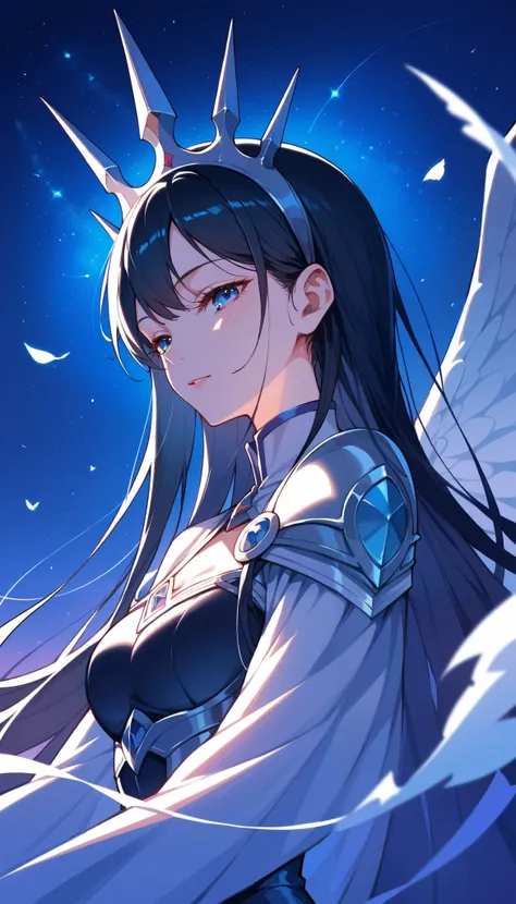 (Masterpiece), (best quality), (high quality), anime, 1girl, beautiful Valkyrie woman wearing a crown, (magical and ethereal design), half closed eyes, detailed eyes, absolute territory, black hair, blue eyes, night wings, detailed, best quality shadows, h...