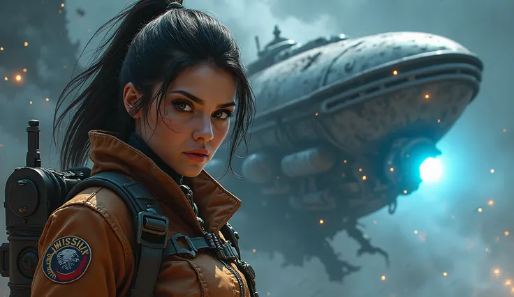 A fierce-looking female space pilot with dark hair tied back, a determined expression, and a scar on her cheek. She wears a futuristic brown flight jacket with a mission patch on her shoulder, tactical gear, and a harness. Behind her, a massive alien space...