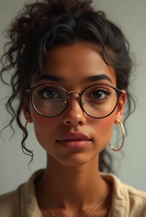 Brown skin color and wearing rounded glasses 