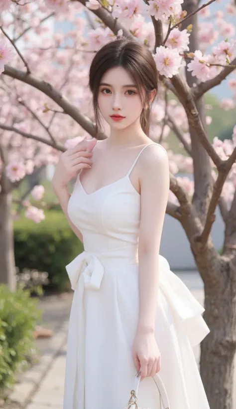 An elegant beautiful young girl with smooth pink skin she is wearing a white dress standing next to a blooming peach tree behind her back is the background of a felt-tip pen congratulating the New Year and on the handle takes a branch of peach flowers prep...