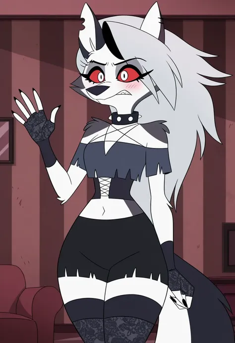 anime screencap, absurdres, high quality, official style, 1girl, solo, loona \(helluva boss\), loona, long hair, red eyes, animal ears, collarbone, tail, grey hair, wolf ears, claws, wolf tail, furry, colored sclera, furry female, wolf girl, body fur, whit...