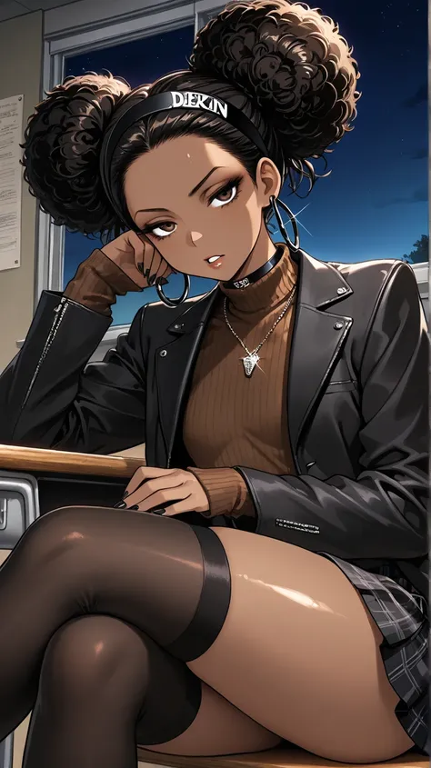 1Girl, Mature, Ebony, African American, Dark Skin, Jet Black Hair, Afro, Double Bun, Shiny Hair, Bright Brown Eyes, Black Nails, Dark Brown Eye Shadow, Medium Chest, Brown Turtleneck Shirt, Black Demin Jacket, Black Plaid Skirt, Black High-Thigh Socks, Bla...