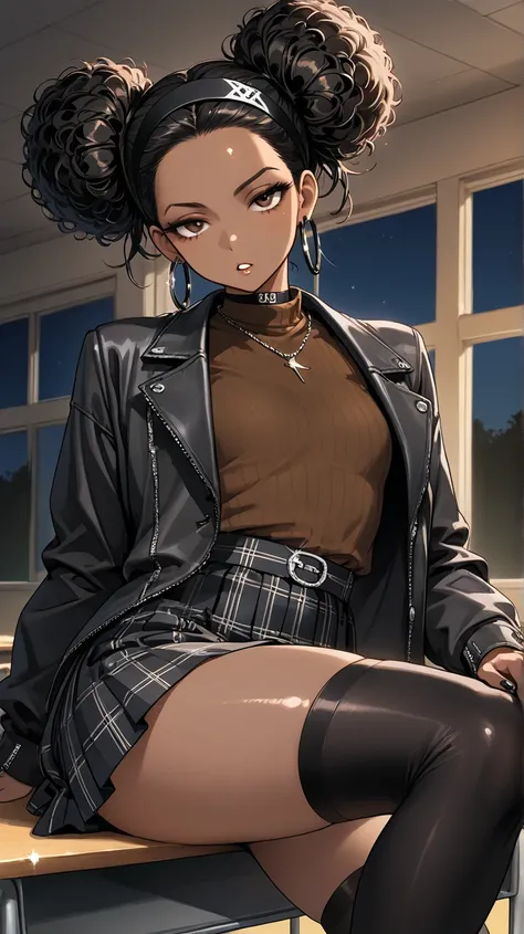 1Girl, Mature, Ebony, African American, Dark Skin, Jet Black Hair, Afro, Double Bun, Shiny Hair, Bright Brown Eyes, Black Nails, Dark Brown Eye Shadow, Medium Chest, Brown Turtleneck Shirt, Black Demin Jacket, Black Plaid Skirt, Black High-Thigh Socks, Bla...