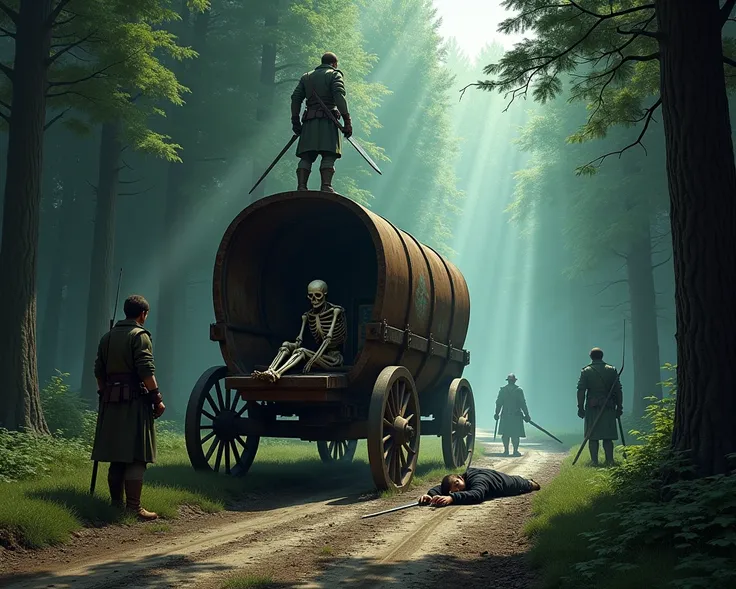 "A dirt road surrounded by a dense dark green forest,  with a dark and mysterious atmosphere . In the center of the scene,  an old, broken wagon , without horses,  with a rusty wooden cage . inside the cage,  a skeletal prisoner ,  an undead skull ,  weari...