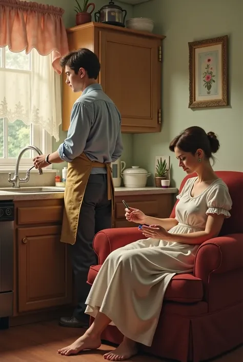 Cartoon of a man washing the dishes, She has an apron on .  A woman is sitting nearby in an armchair painting her nails