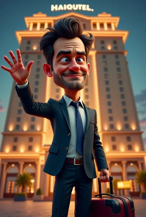 6D caricature of a handsome man grieving and waving while leaving a hotel building