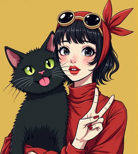 Cheeky Cool Beauty 、 A woman wearing a stylish red headscarf is cute, peace sign, and a cute, very large black cat next to it is a cute, very large black cat in the same pose and has won many Peace Sign awards,  character design , tongue,  doya face,  Odd ...